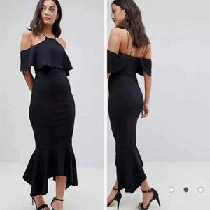 ASOS Ruffle Cold Shoulder Asymmetric Pephem Midi Dress Size 2 Black 5770